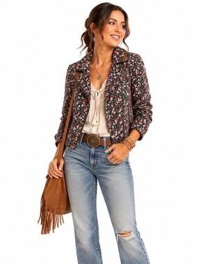 Anthropologie Hei Hei Floral Print Cropped Tinsley Bomber Jacket Boho Cotton S6